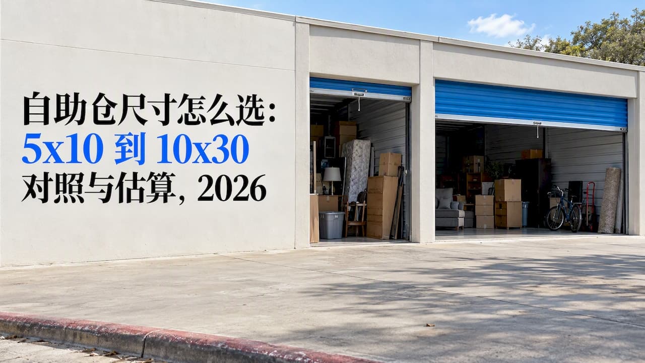 自助仓尺寸怎么选：5x10 到 10x30 对照与估算（2026）